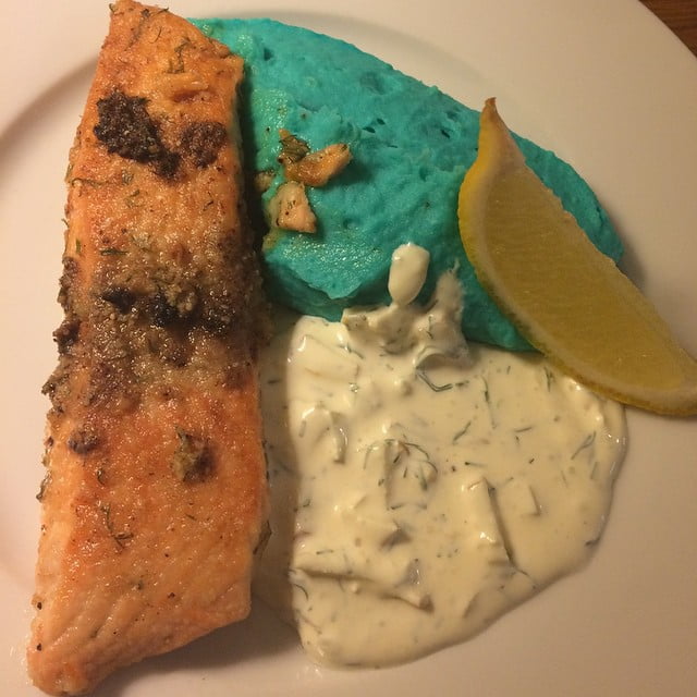 The nine year old chef said that the mashed potatoes should be blue. And why not? - 10684165 1484811108451029 834824443 n